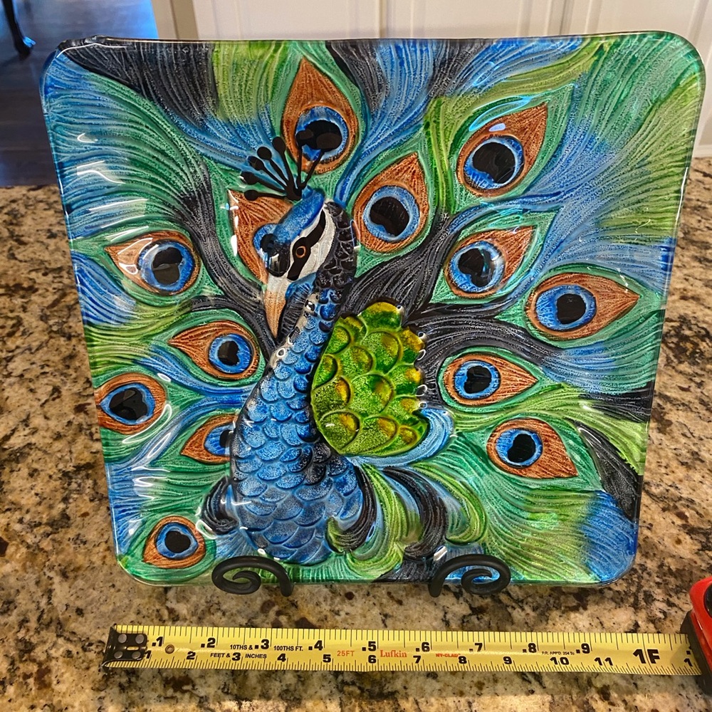 Vibrant glass, peacock plate with two peacock candles